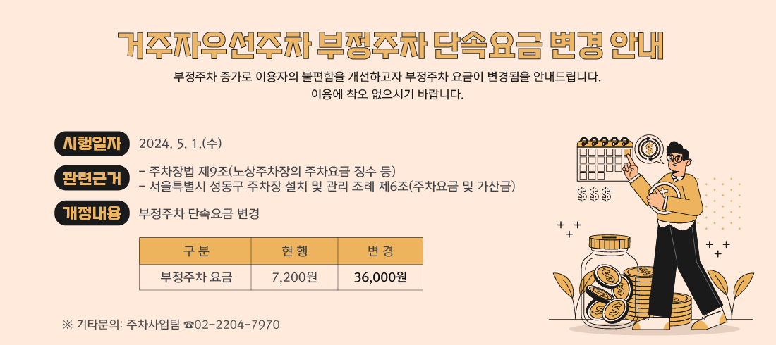 거주자우선주차 부정주차 단속요금 변경 안내